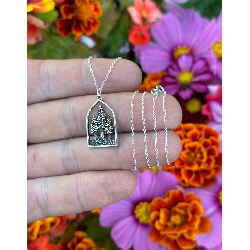 Sterling Silver Three Pine Trees Forest Necklace - image 3